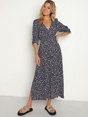 Kivari Neve Midi Dress Sz S Navy Ditsy Floral Summer Cottage